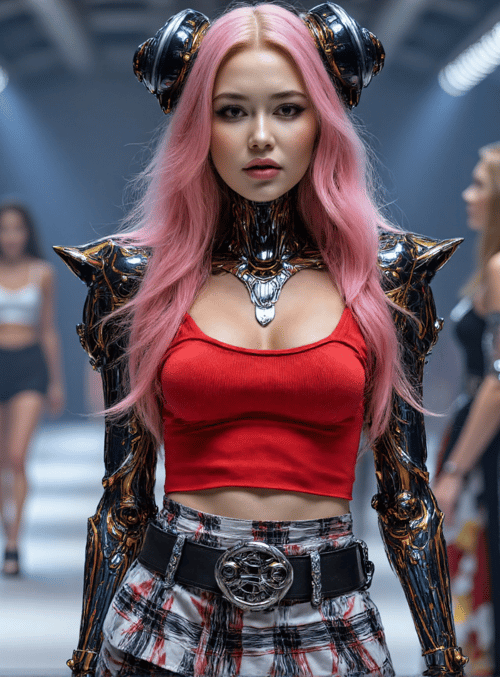 model, fashion show, robotic armor, pink hair, runway, audience, goggles, belt