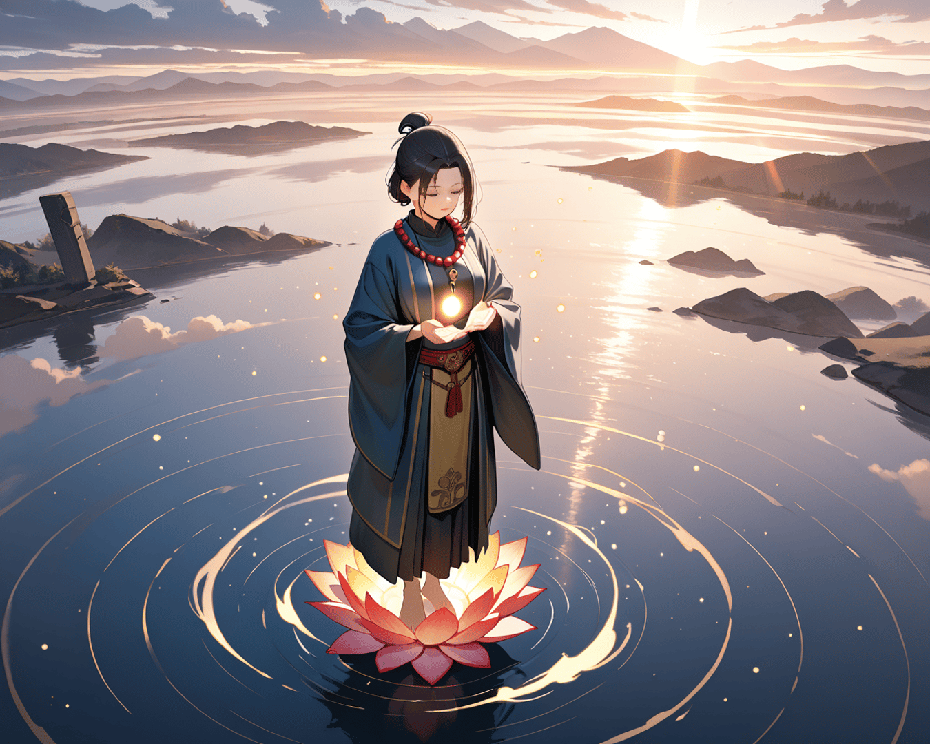AI generated wallpaper featuring woman, lotus, water
