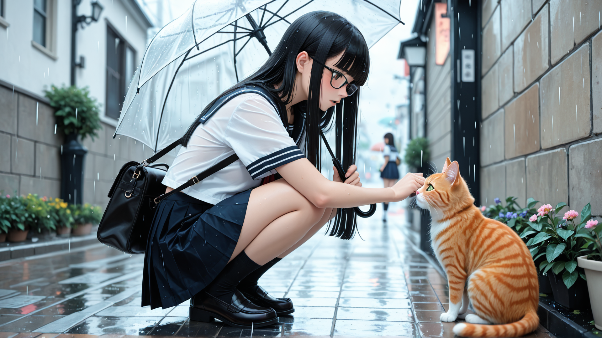 AI generated wallpaper featuring girl, cat, umbrella, street, rain
