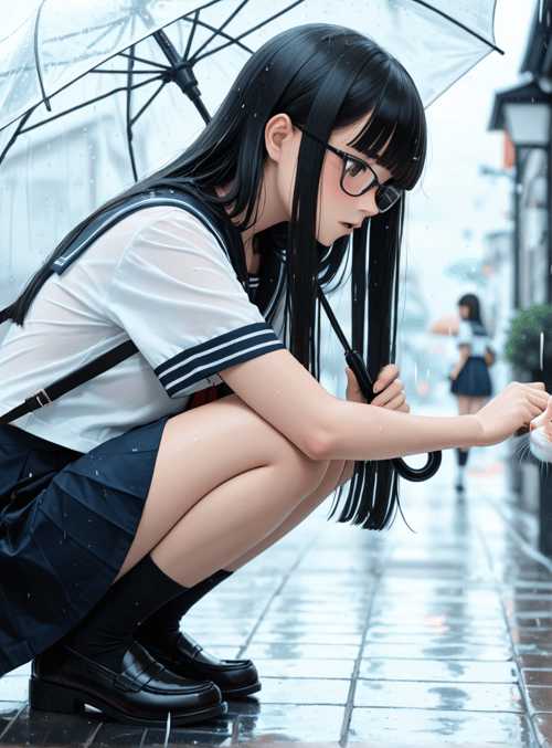 girl, cat, umbrella, street, rain