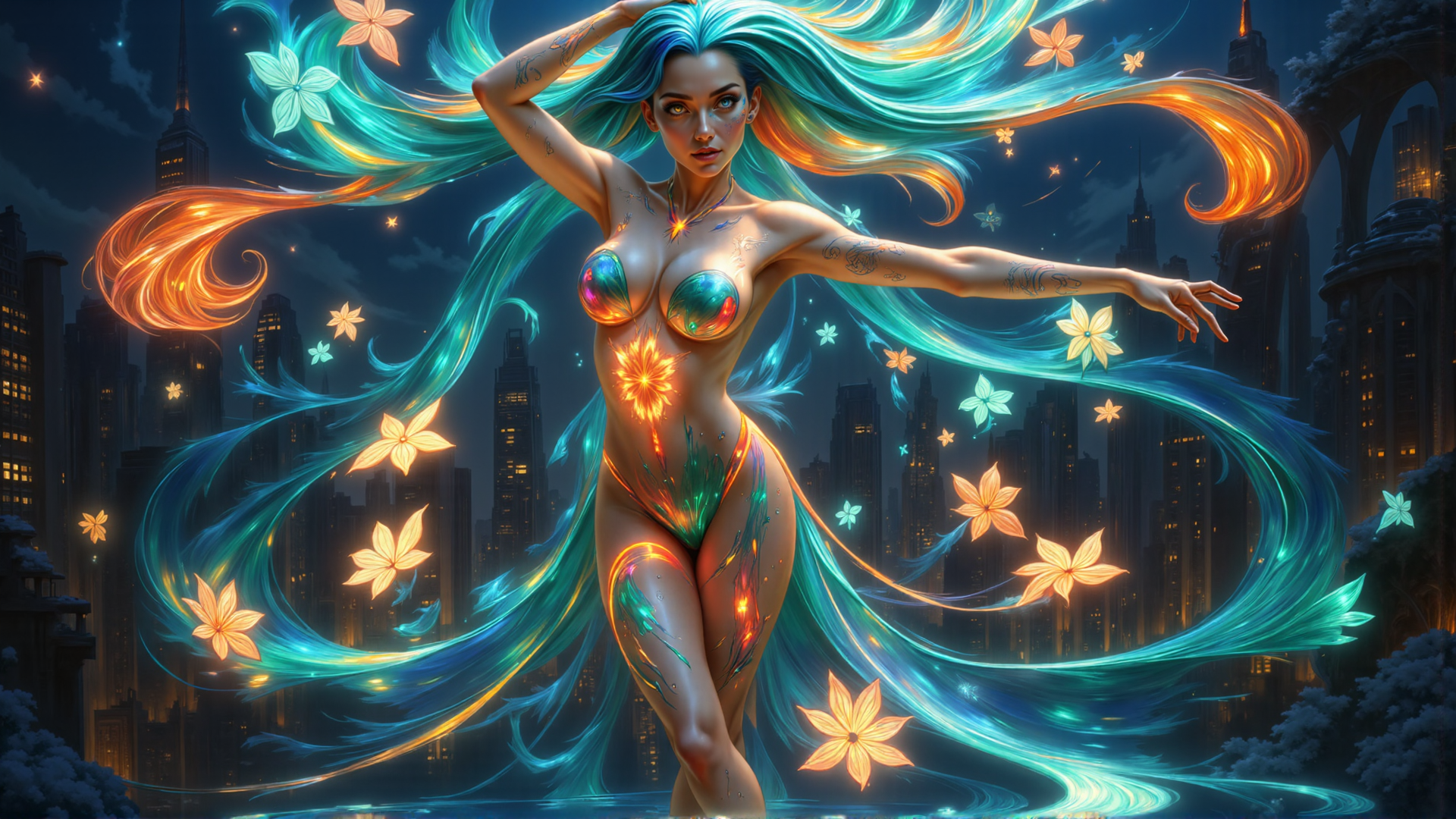 AI generated wallpaper featuring woman, flowers, cityscape, hair, light