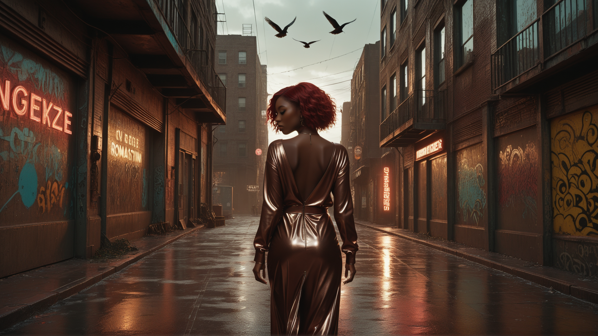 AI generated wallpaper featuring woman, street, buildings, graffiti, birds