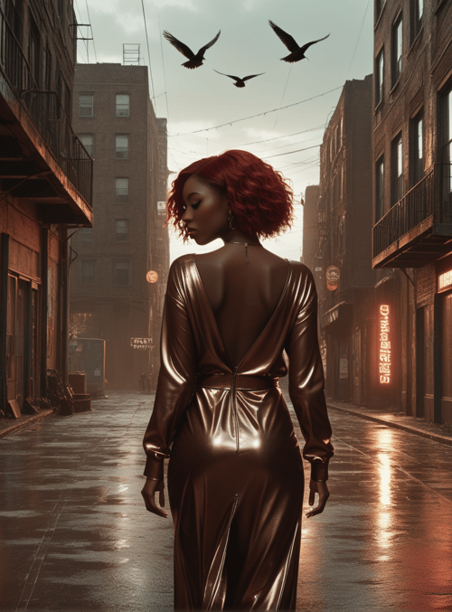 woman, street, buildings, graffiti, birds