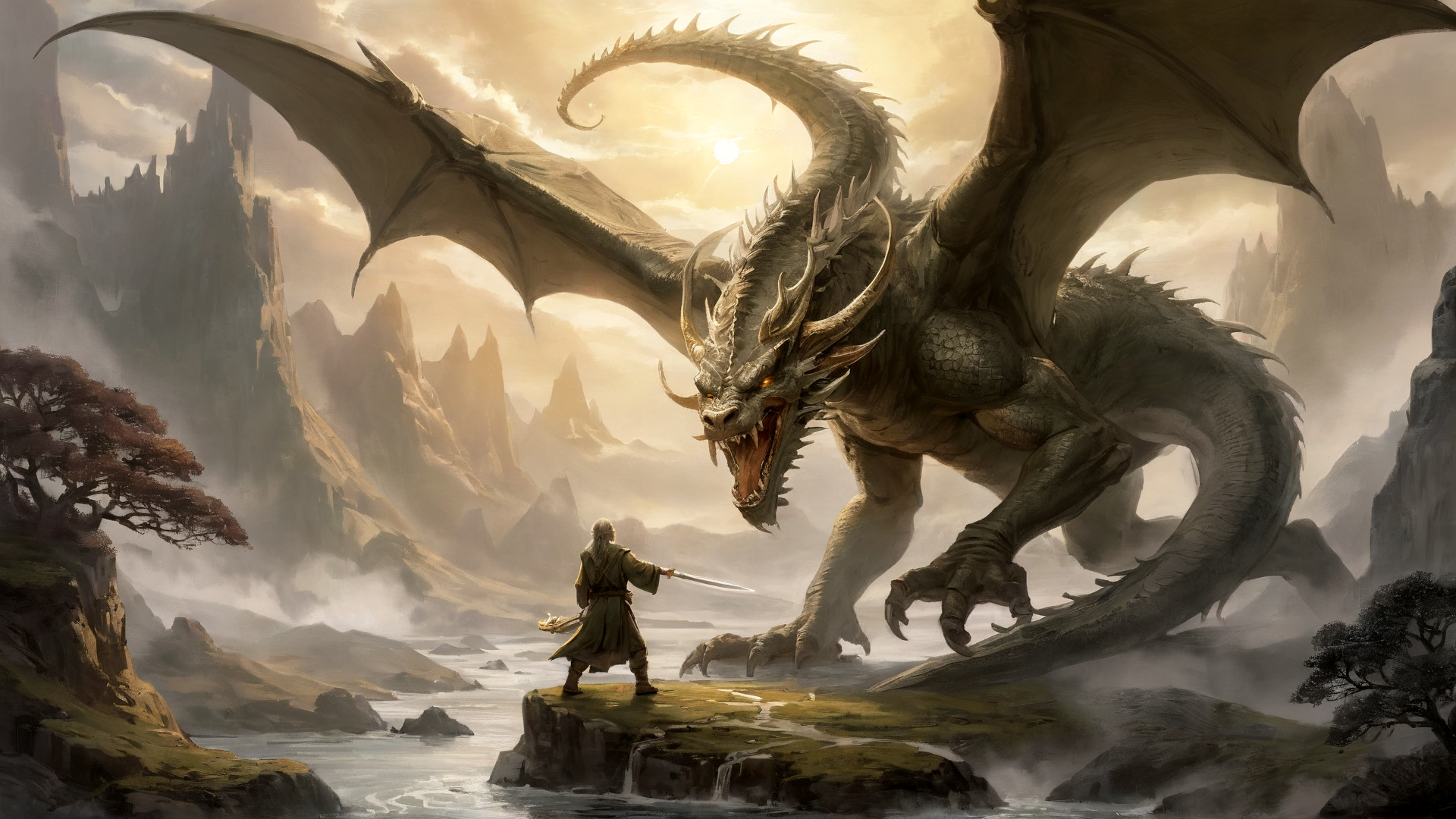 AI generated wallpaper featuring dragon, knight, mountains, river, sun, cliff, trees, sword, armor, clouds