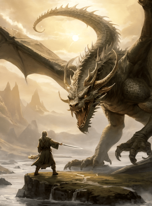 dragon, knight, mountains, river, sun, cliff, trees, sword, armor, clouds