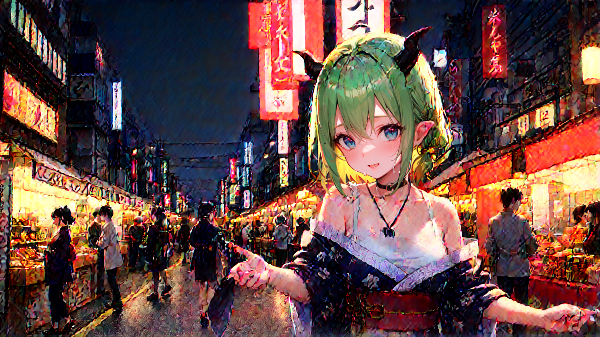 AI generated wallpaper featuring anime girl, devil horns, street market, crowd, traditional clothing
