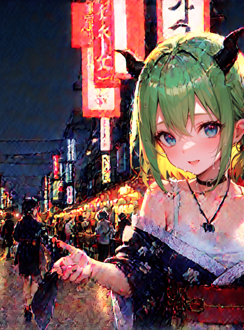anime girl, devil horns, street market, crowd, traditional clothing
