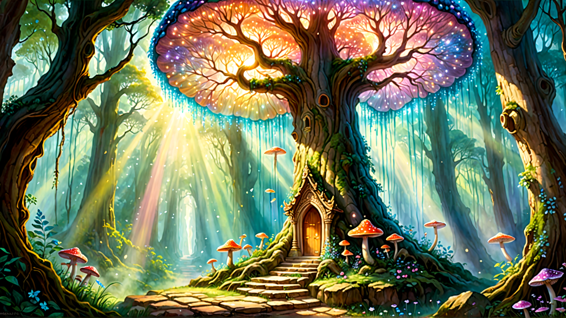AI generated wallpaper featuring tree, mushroom, forest, cottage, sunlight, roots, fairy, glowing, pathway, sparkles