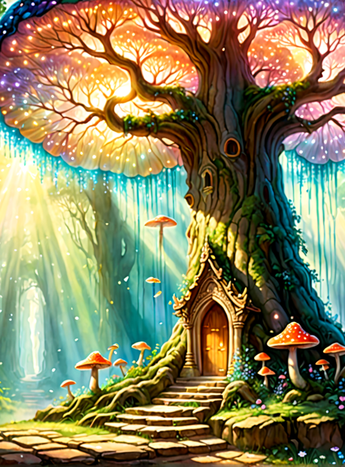 tree, mushroom, forest, cottage, sunlight, roots, fairy, glowing, pathway, sparkles