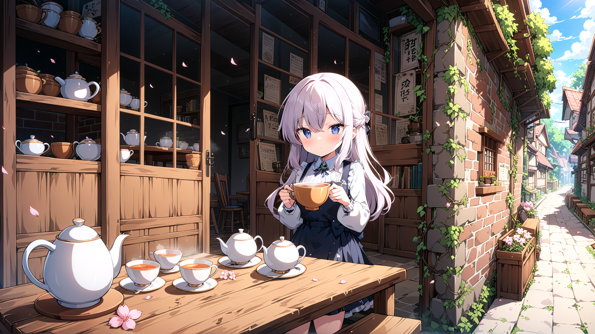 AI generated wallpaper featuring girl, tea, shop