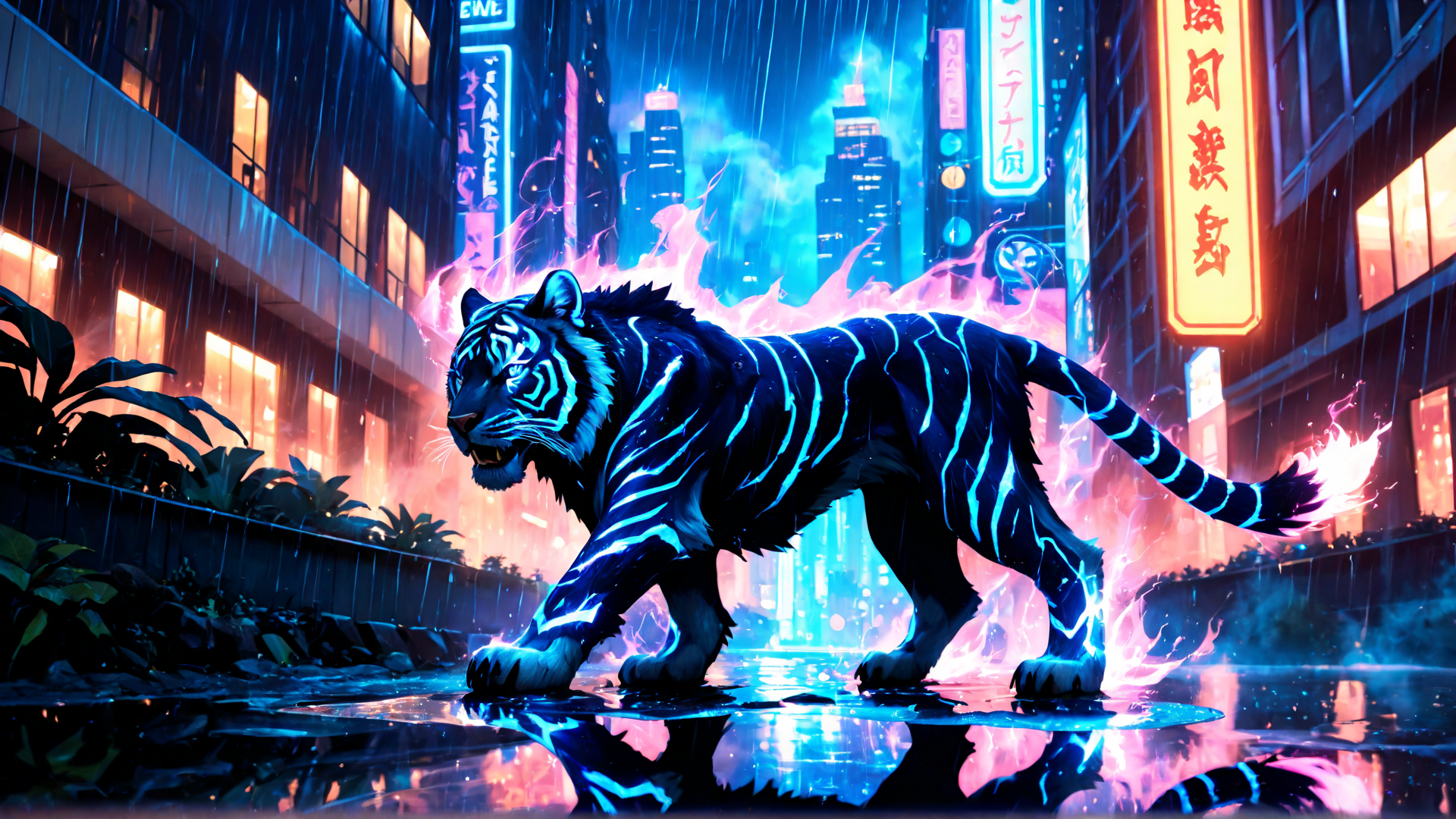 AI generated wallpaper featuring tiger, neon, city