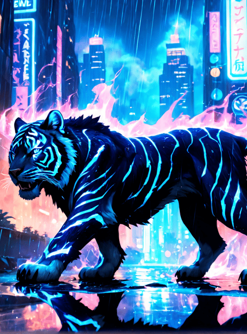 tiger, neon, city