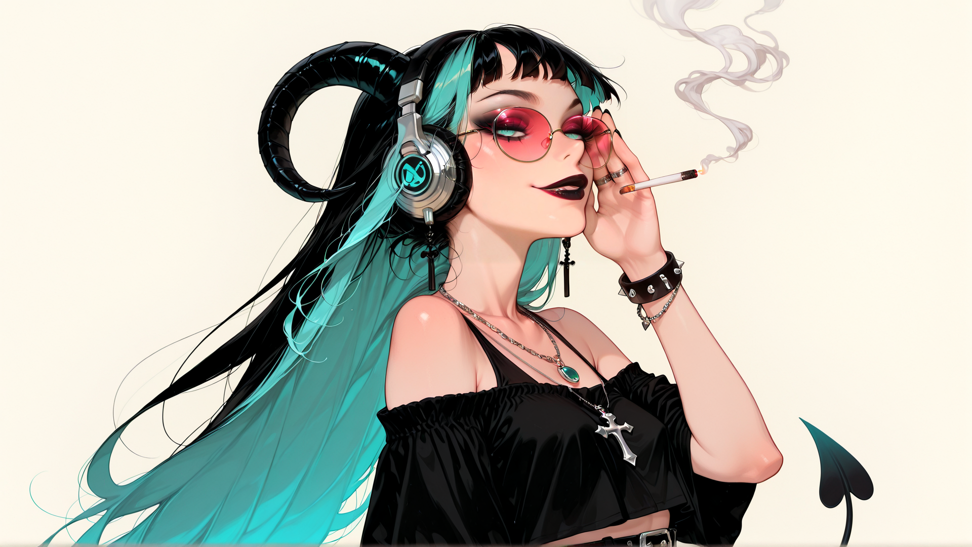 AI generated wallpaper featuring woman, headphones, cigarette, ram horns, glasses, cross necklace, black top, tattoo, earring, choker