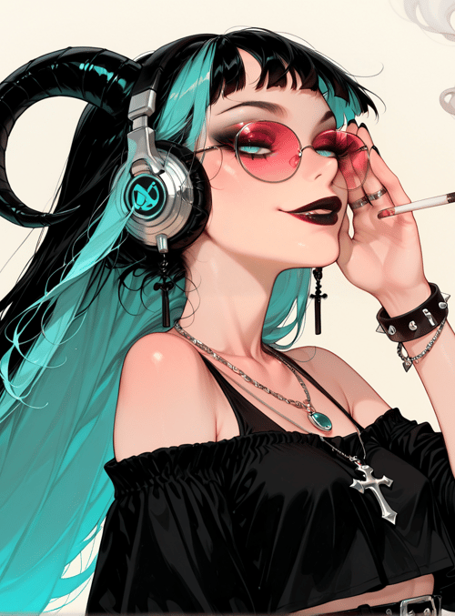 woman, headphones, cigarette, ram horns, glasses, cross necklace, black top, tattoo, earring, choker