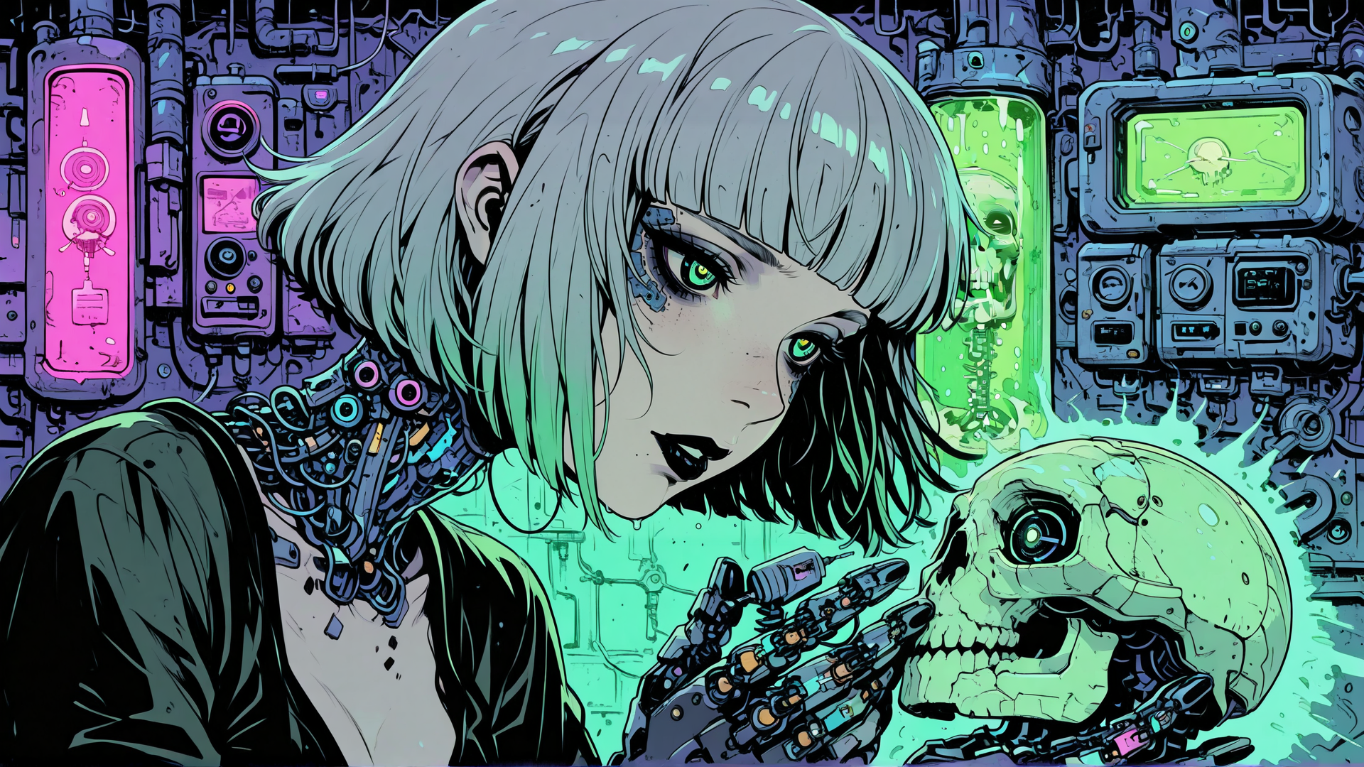 AI generated wallpaper featuring cyborg, skull, gadget