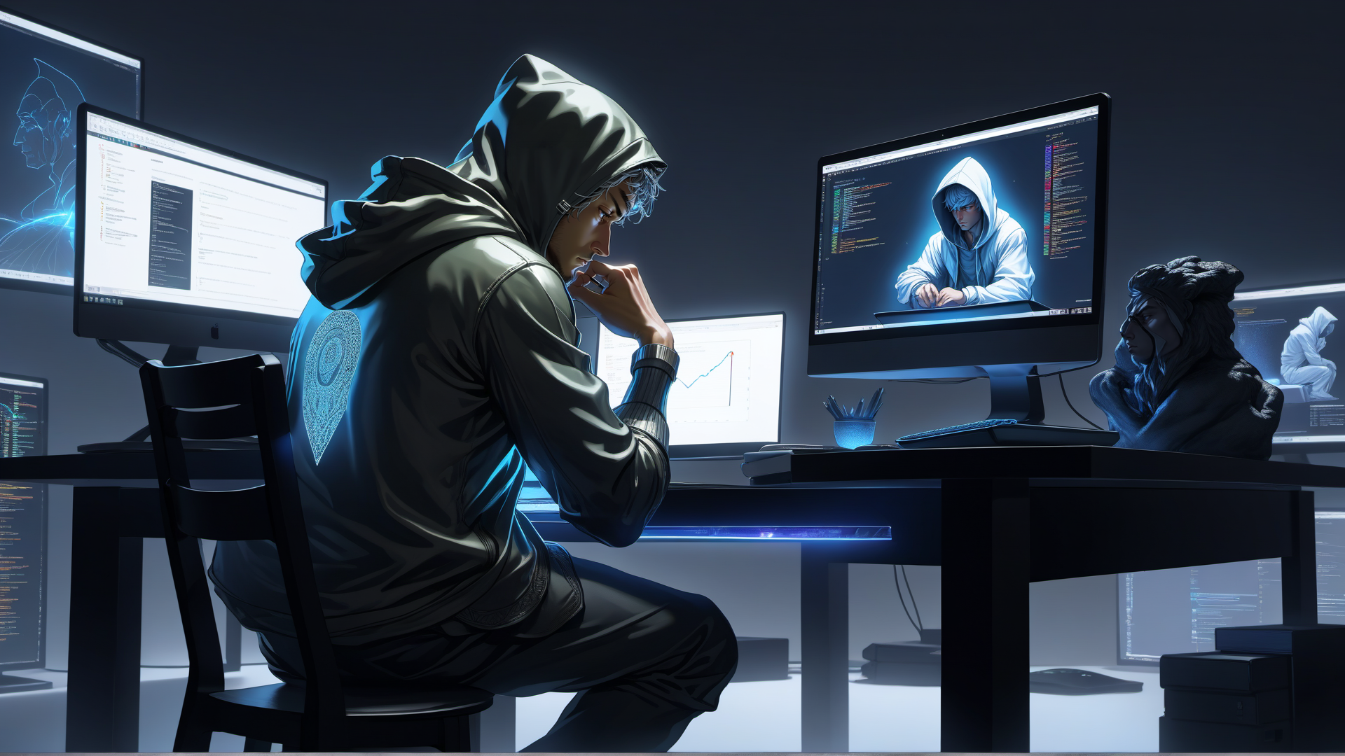 AI generated wallpaper featuring hacker, computer, statue