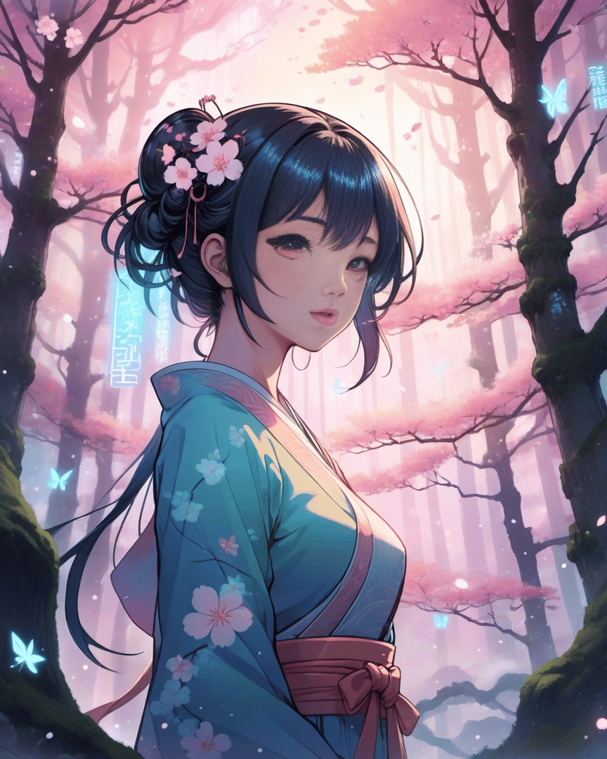 AI generated wallpaper featuring girl, cherry blossom, kimono