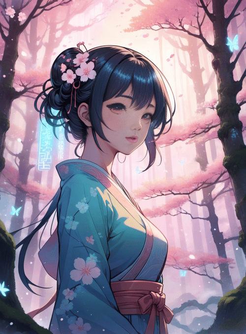 girl, cherry blossom, kimono