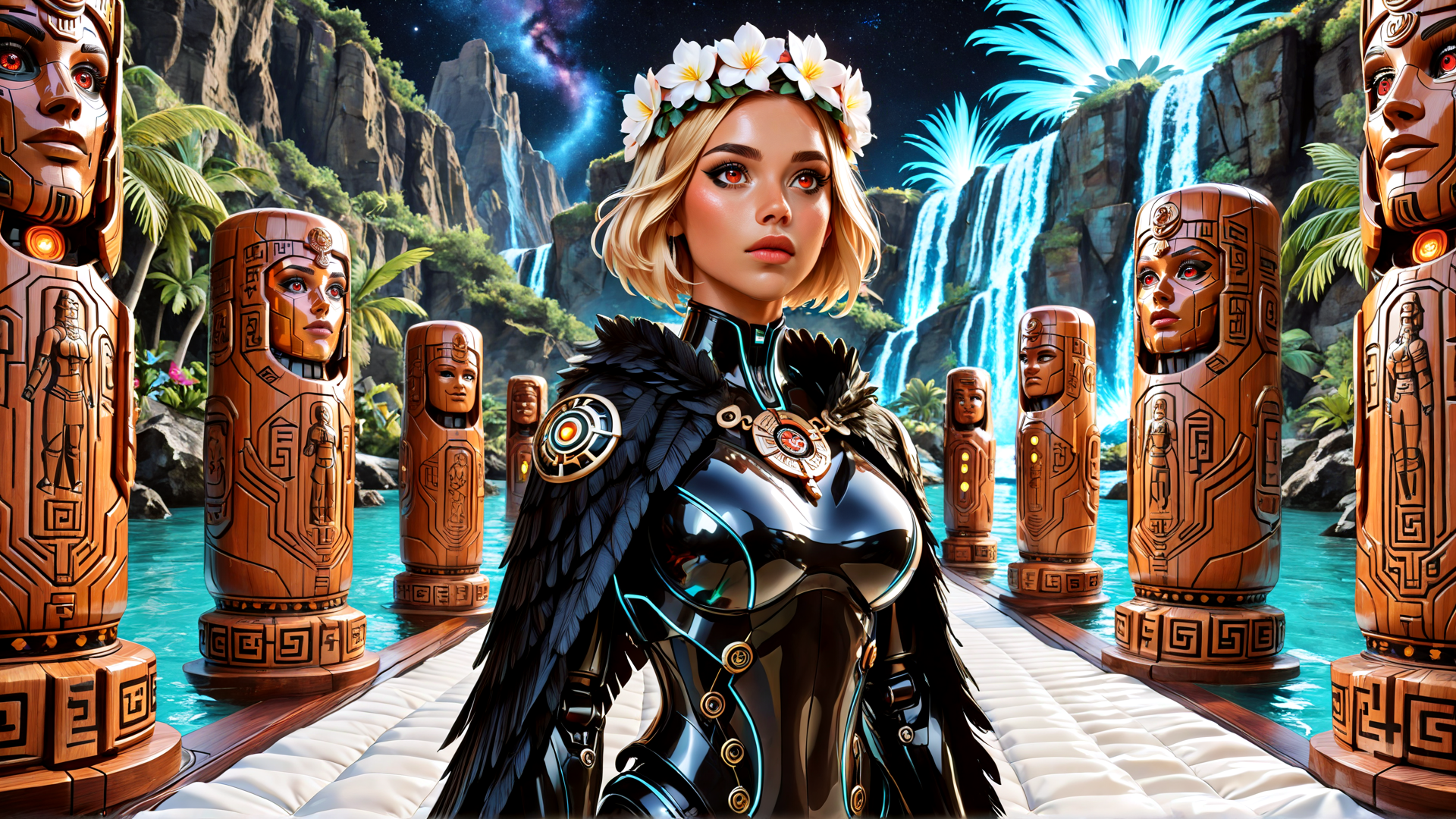 AI generated wallpaper featuring woman, statues, waterfall, feather, crown