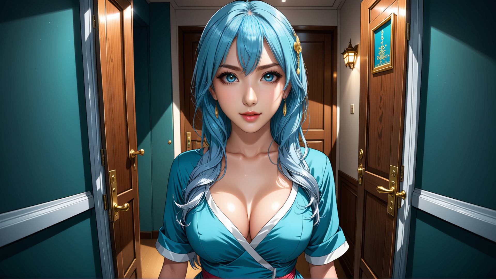 AI generated wallpaper featuring woman, anime, blue hair
