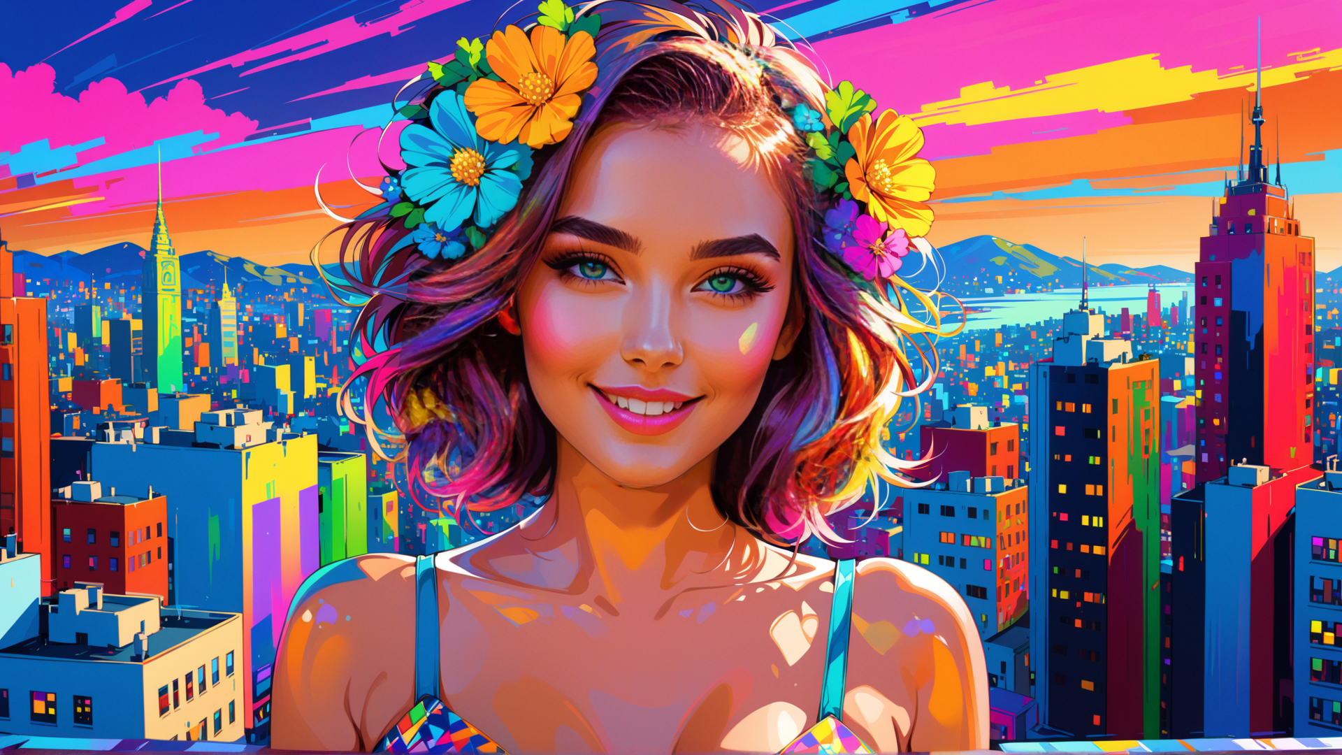 AI generated wallpaper featuring woman, cityscape, flowers