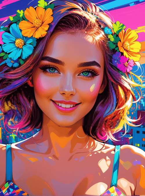 woman, cityscape, flowers
