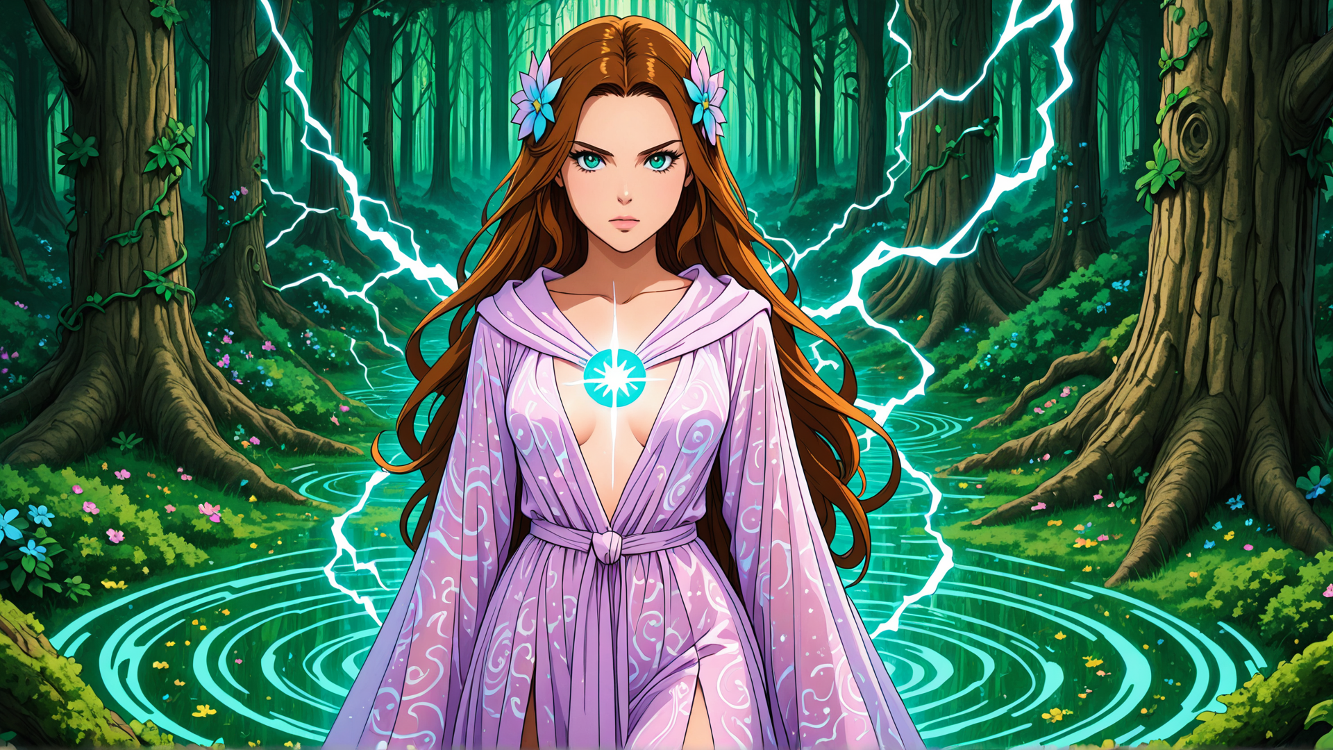 AI generated wallpaper featuring woman, forest, magic, lightning, flower, river, tree