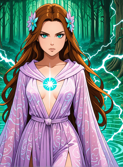 woman, forest, magic, lightning, flower, river, tree