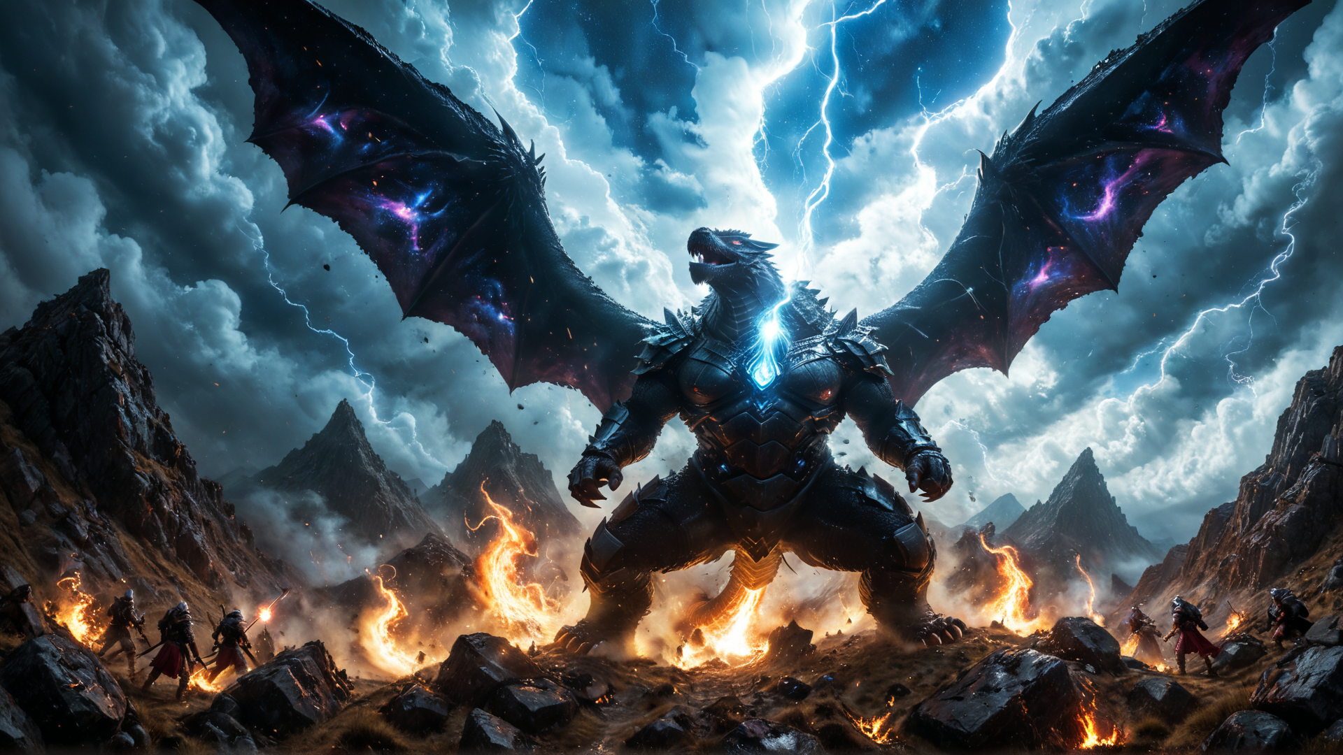 AI generated wallpaper featuring dragon, warriors, mountains