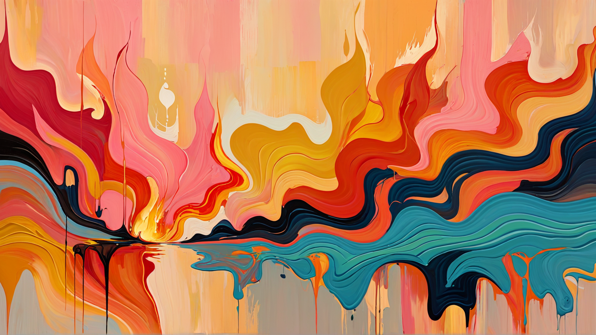 AI generated wallpaper featuring flames, waves, liquid, paint, swirls