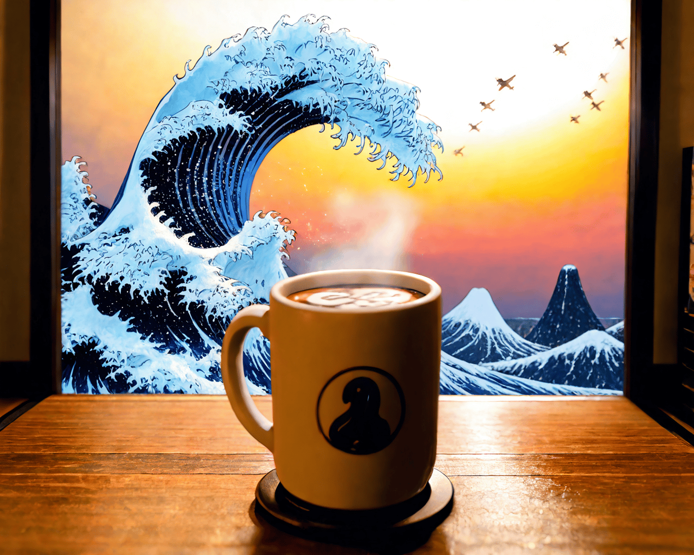 AI generated wallpaper featuring coffee cup, wave, mountains
