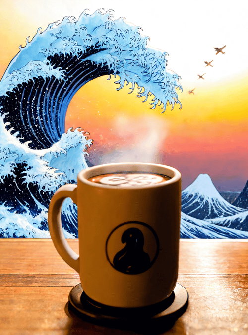 coffee cup, wave, mountains