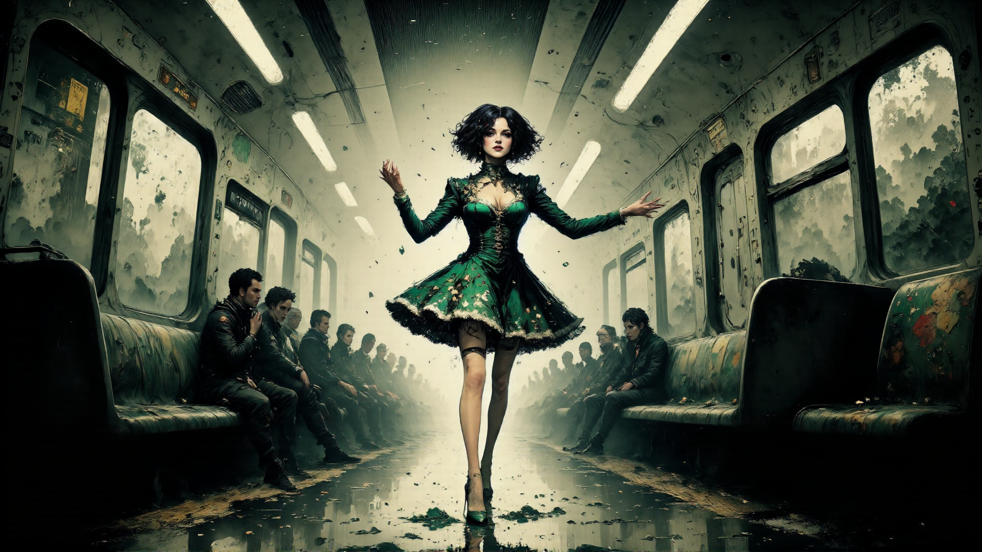 AI generated wallpaper featuring woman, subway, people
