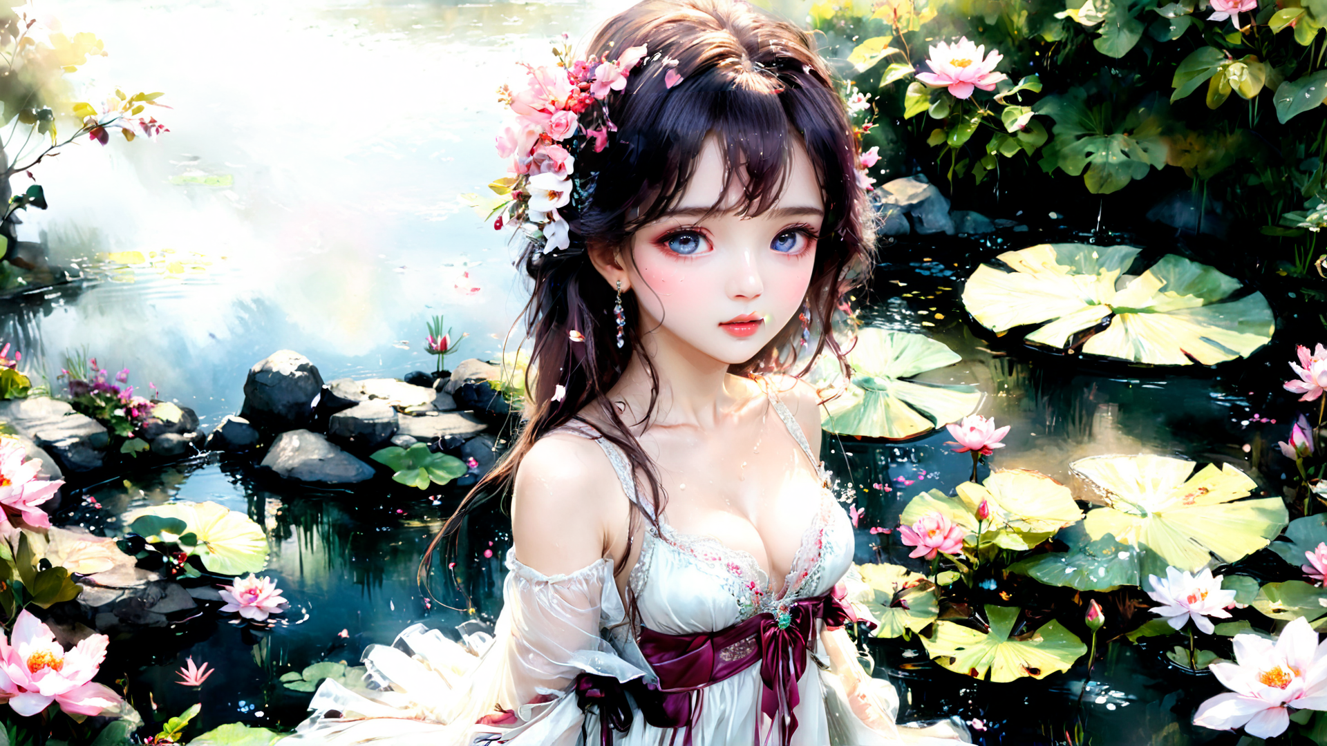 AI generated wallpaper featuring woman, lotus, water