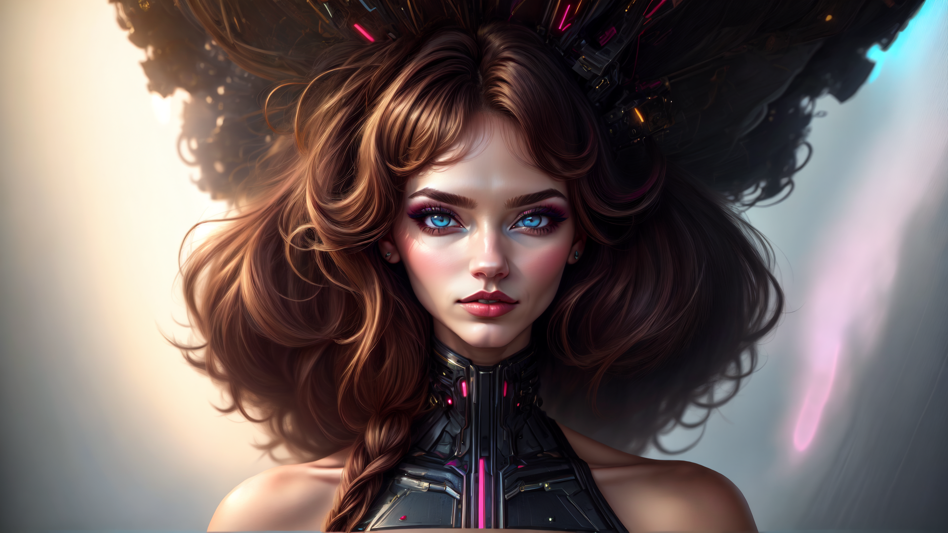 AI generated wallpaper featuring woman, cyborg, hair, goggles, necklace, braids, earrings, collar, shoulders, headpiece