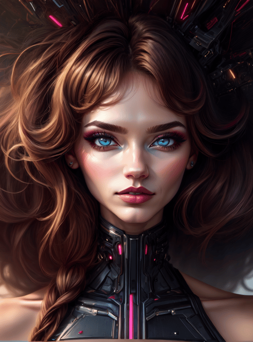 woman, cyborg, hair, goggles, necklace, braids, earrings, collar, shoulders, headpiece