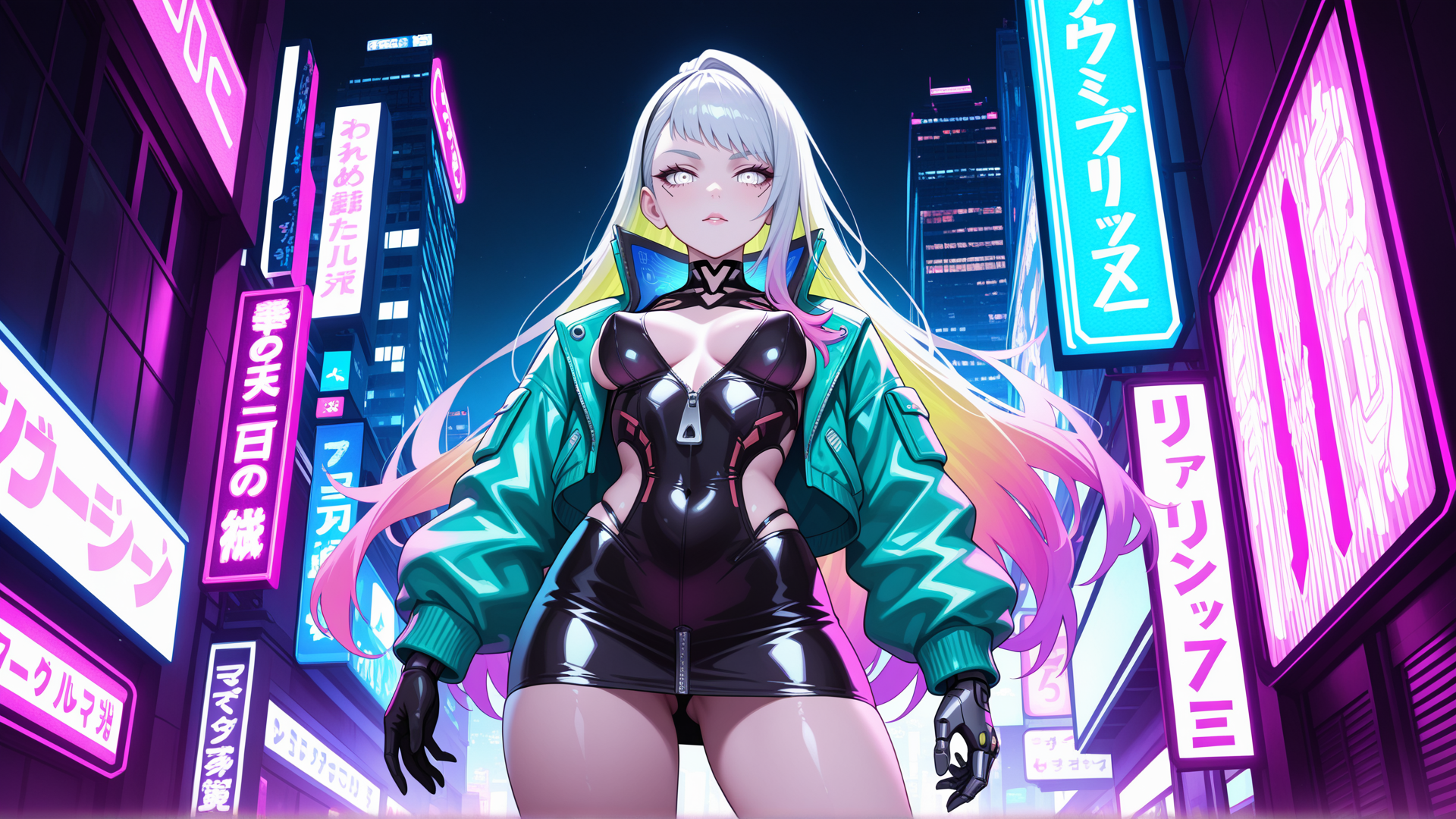 AI generated wallpaper featuring woman, cyberpunk, neon, city, signs