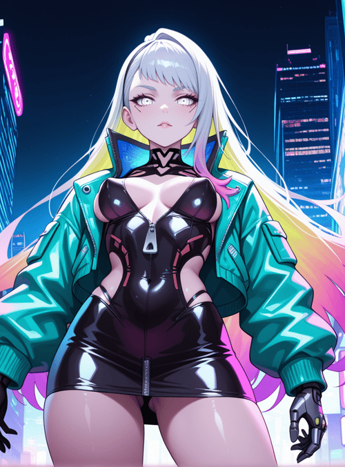 woman, cyberpunk, neon, city, signs