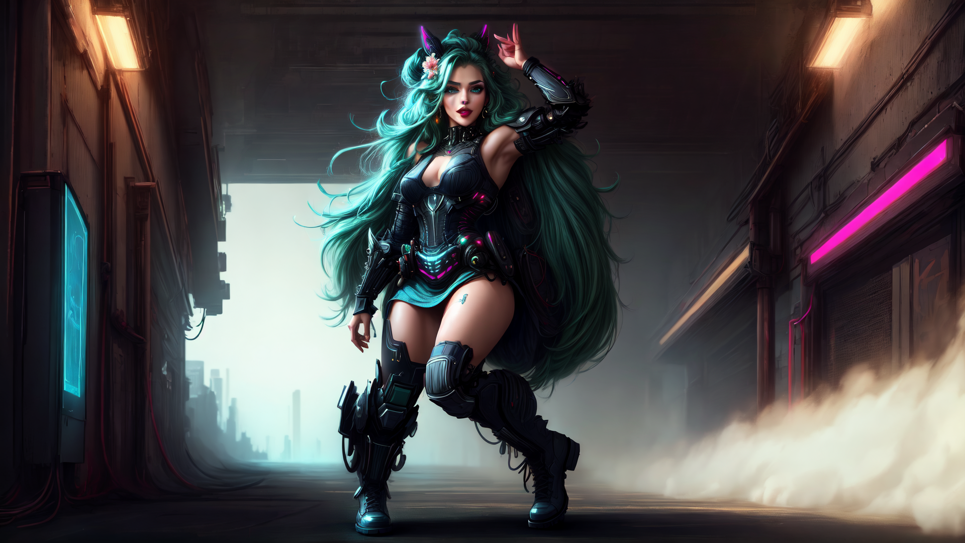 AI generated wallpaper featuring woman, cyberpunk, armor, neon, gaming