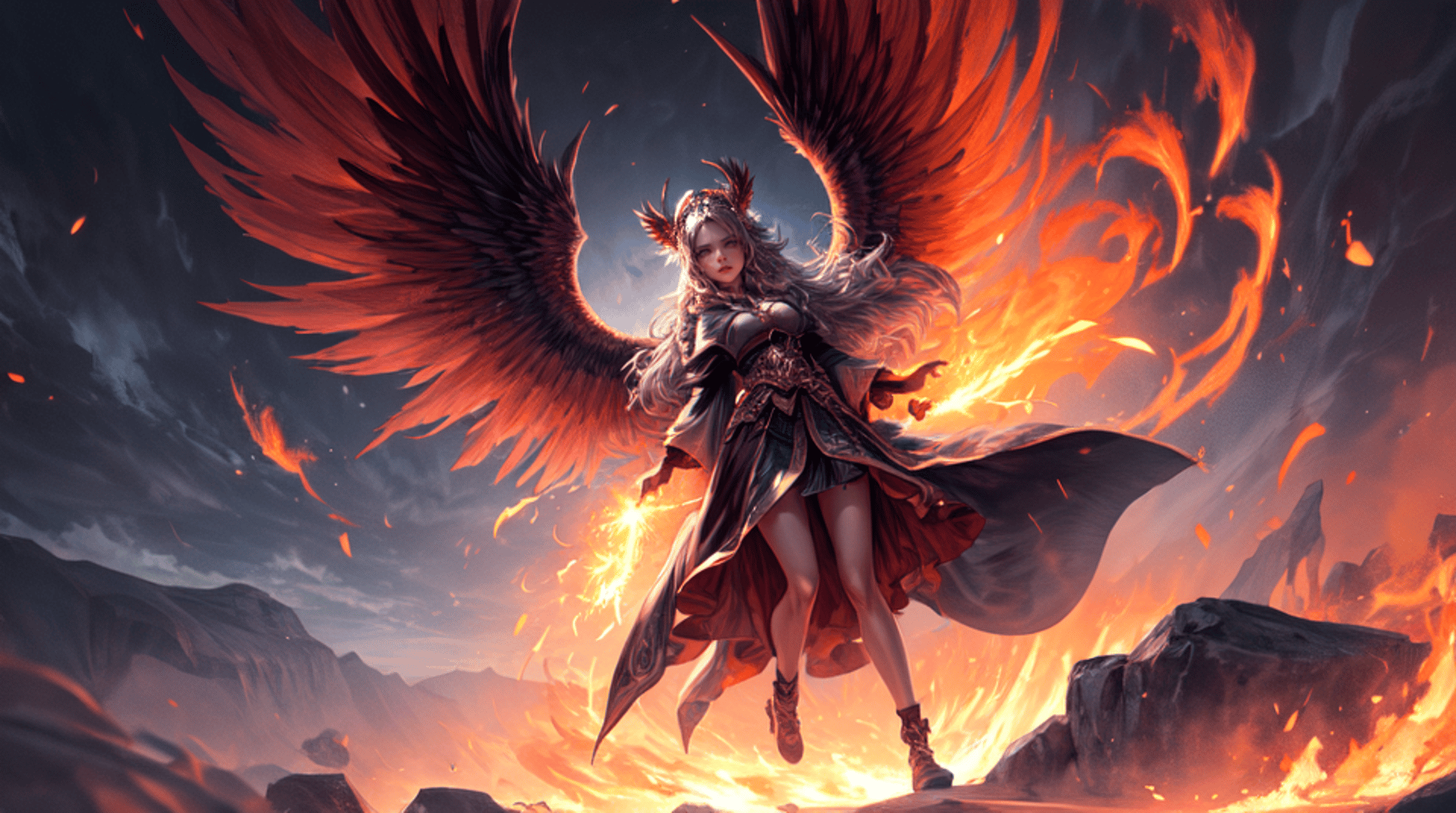 AI generated wallpaper featuring angel, warrior, fire