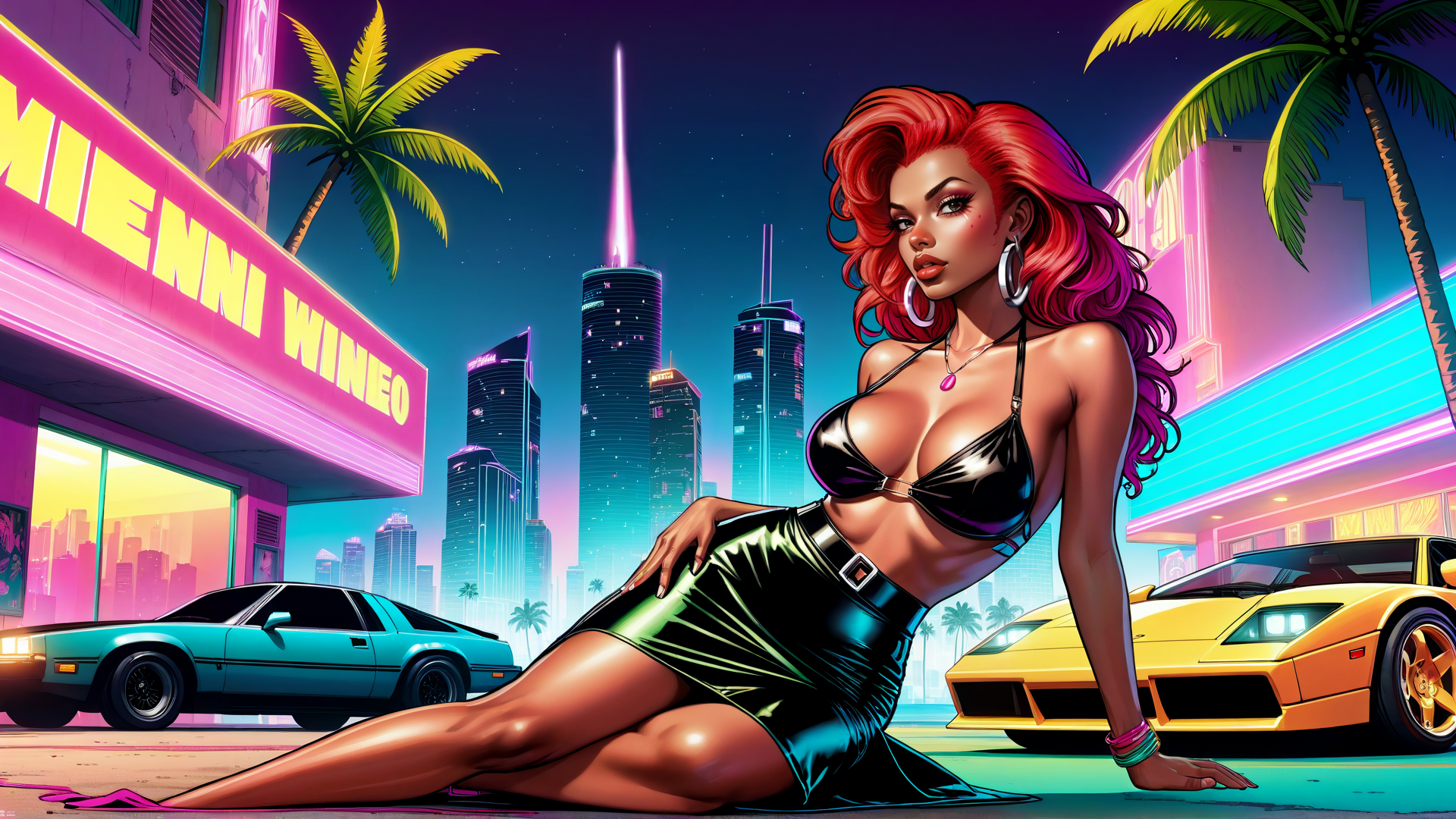 AI generated wallpaper featuring woman, cars, city