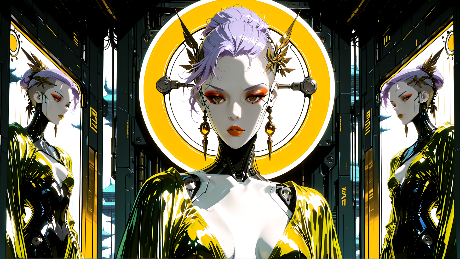 AI generated wallpaper featuring cyborg, woman, robot, mirror, helmet, ears, hair, jacket, goggles, glasses