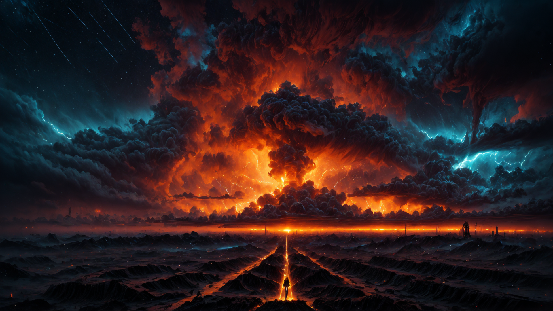 AI generated wallpaper featuring person, clouds, landscape, sky, mountains, lightning, sunrise, desert, stars, dawn