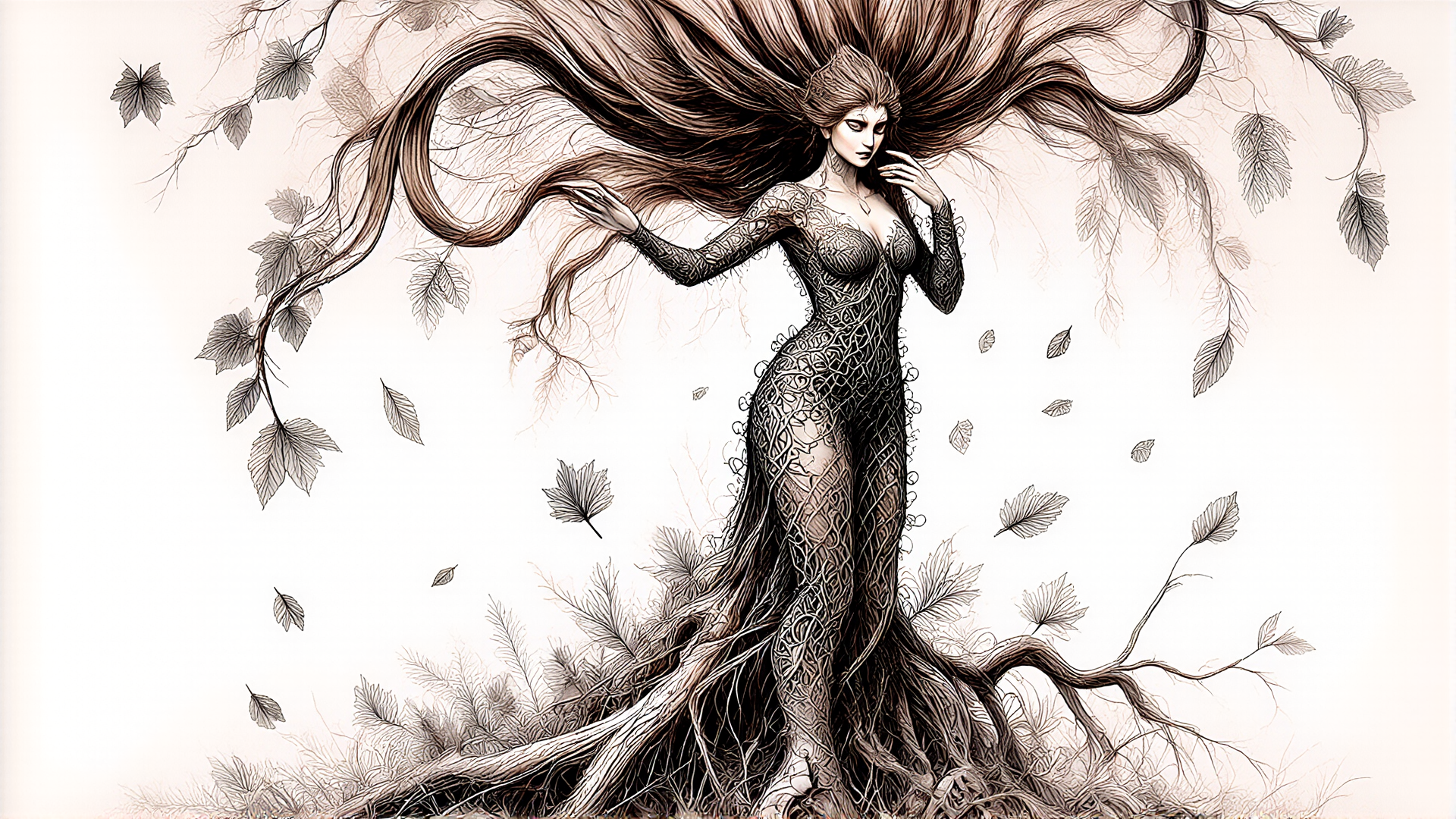 AI generated wallpaper featuring tree spirit, woman, leaves, roots, hair