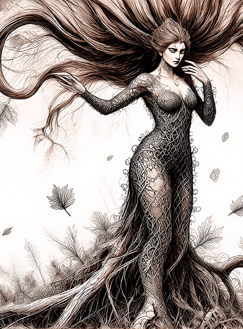 tree spirit, woman, leaves, roots, hair