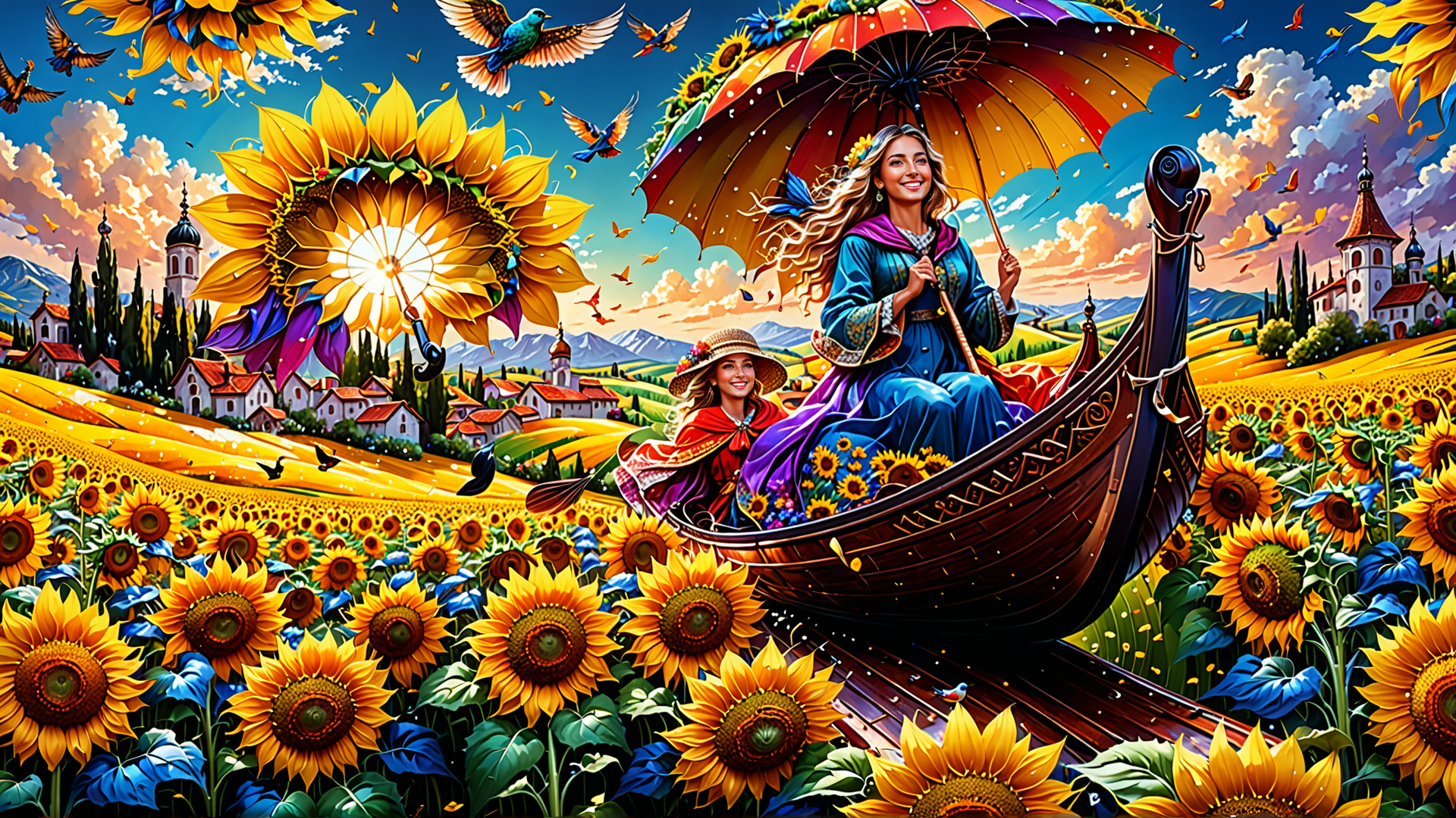 AI generated wallpaper featuring woman, sunflowers, boat