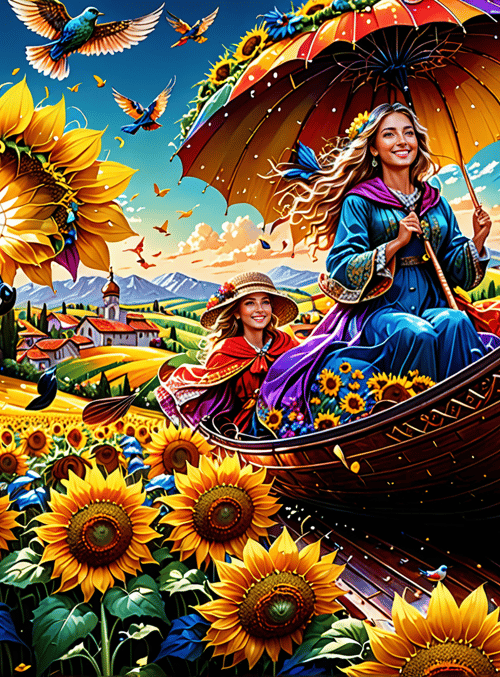 woman, sunflowers, boat