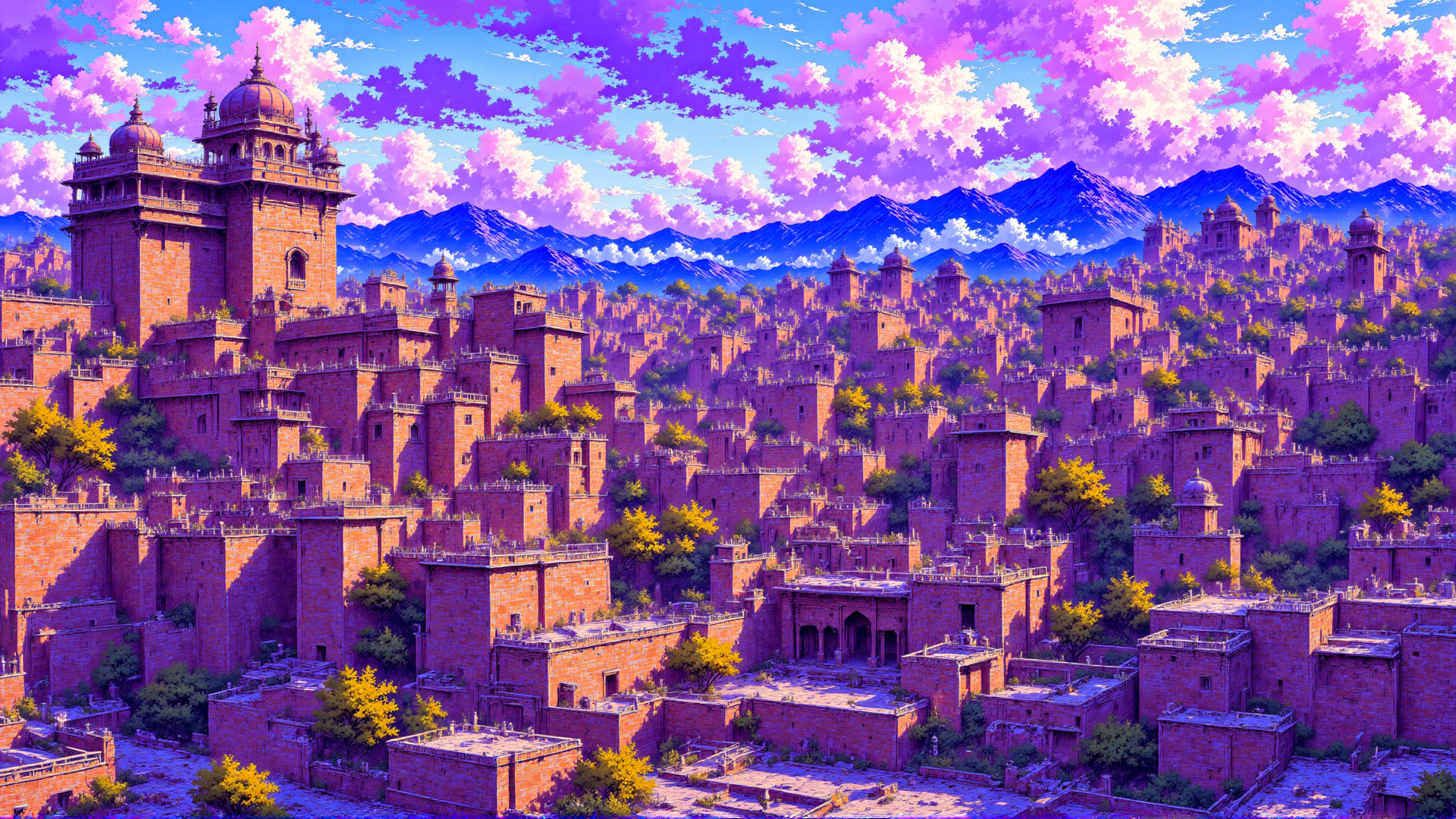 AI generated wallpaper featuring castle, city, tower, building, mountain, tree, sky, cloud, dome, structure