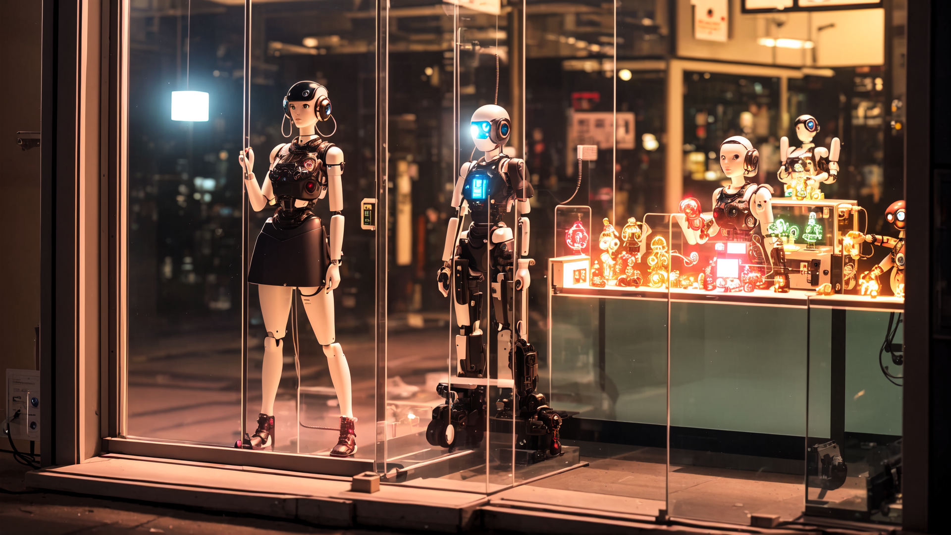 AI generated wallpaper featuring robots, display, mannequin, store, window