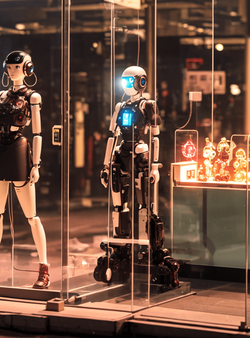 robots, display, mannequin, store, window